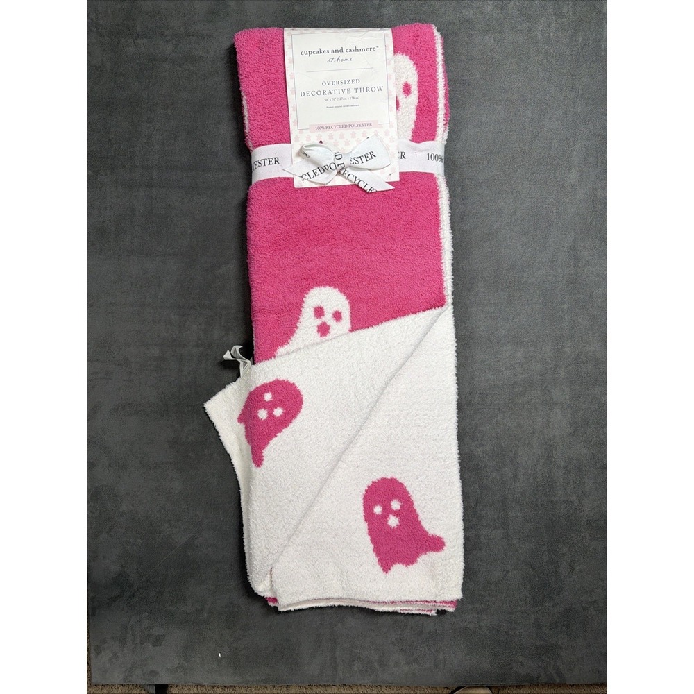 Cupcakes And Cashmere Halloween Ghost Blanket Reversible Throw HOT PINK/WHITE